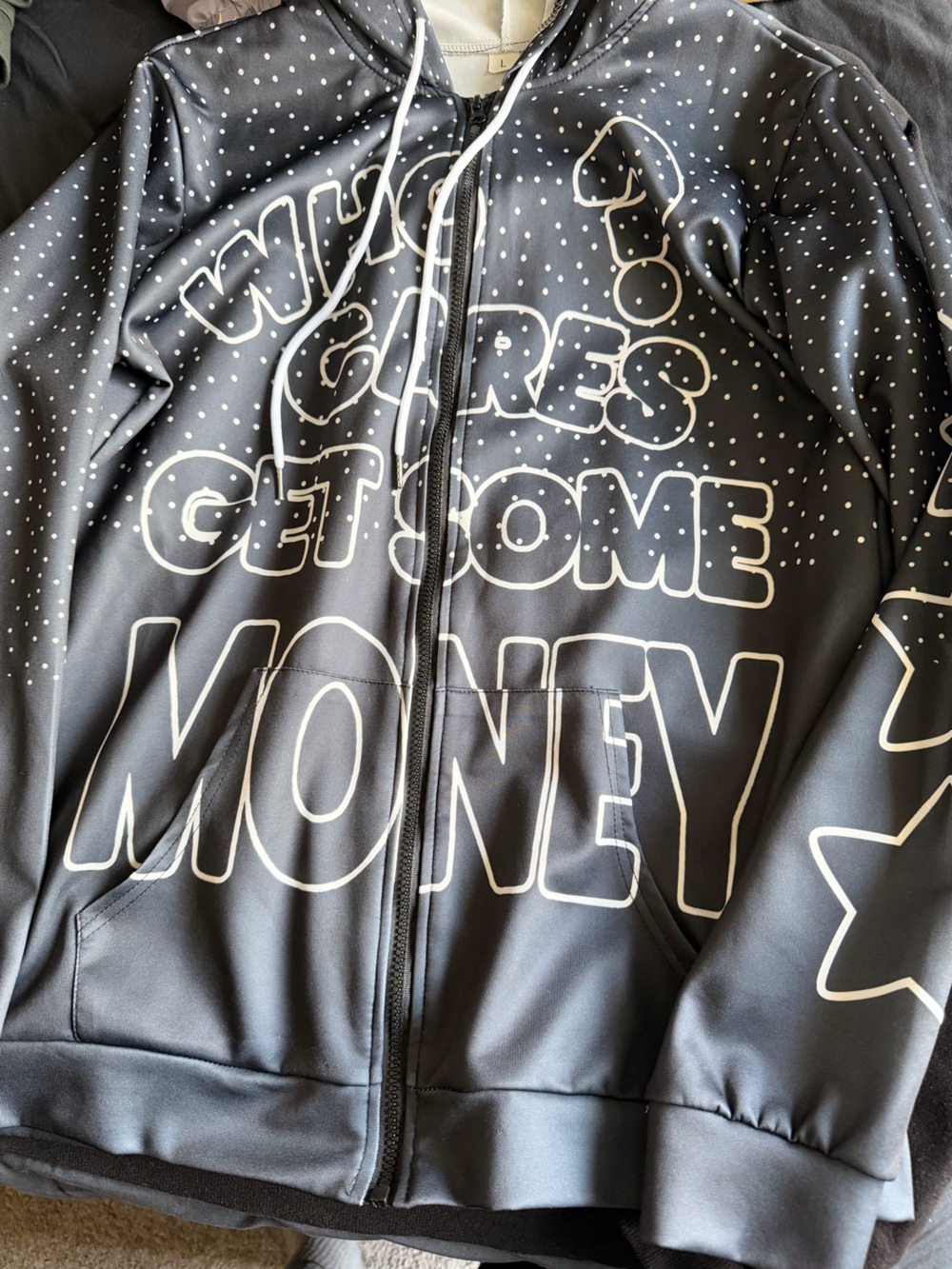 Black Graphic Zip-Up Hoodie with 'Money' Print